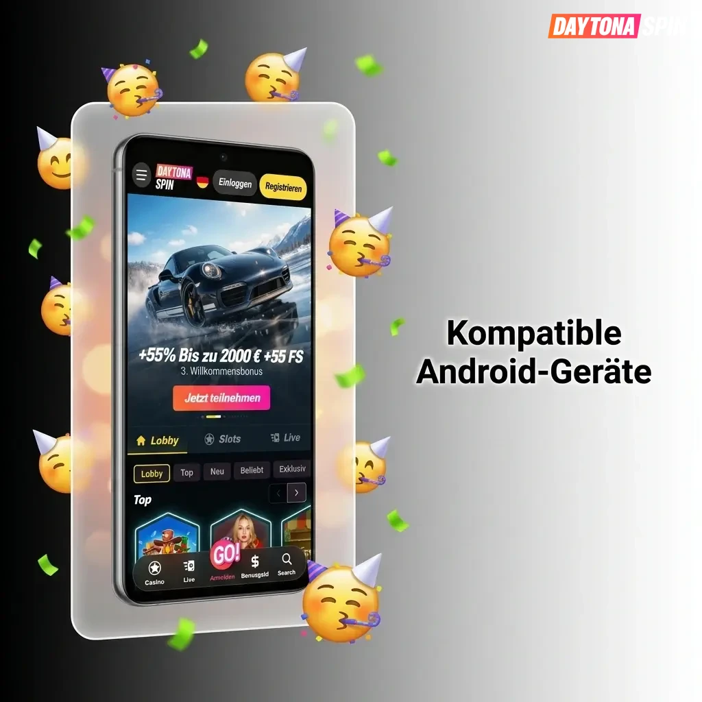 Liste kompatibler Android-Geräte für die Daytona Spin App, darunter Samsung, Google Pixel, Xiaomi und Sony