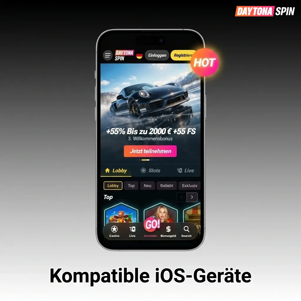 Liste kompatibler iPhone-Modelle für die Daytona Spin App, von iPhone X bis iPhone 15 Pro Max