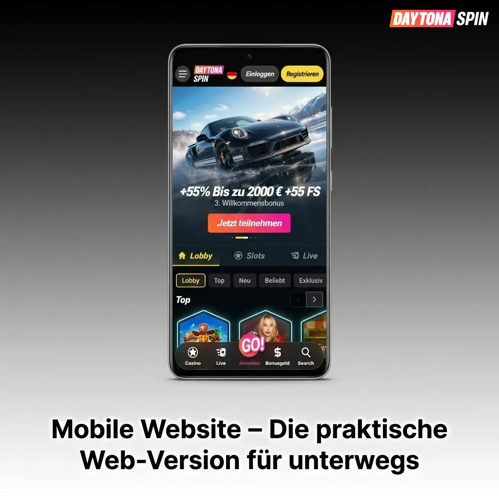 Daytona Spin mobile Website im Browser auf Smartphone – kein Download nötig, alle Spiele verfügbar