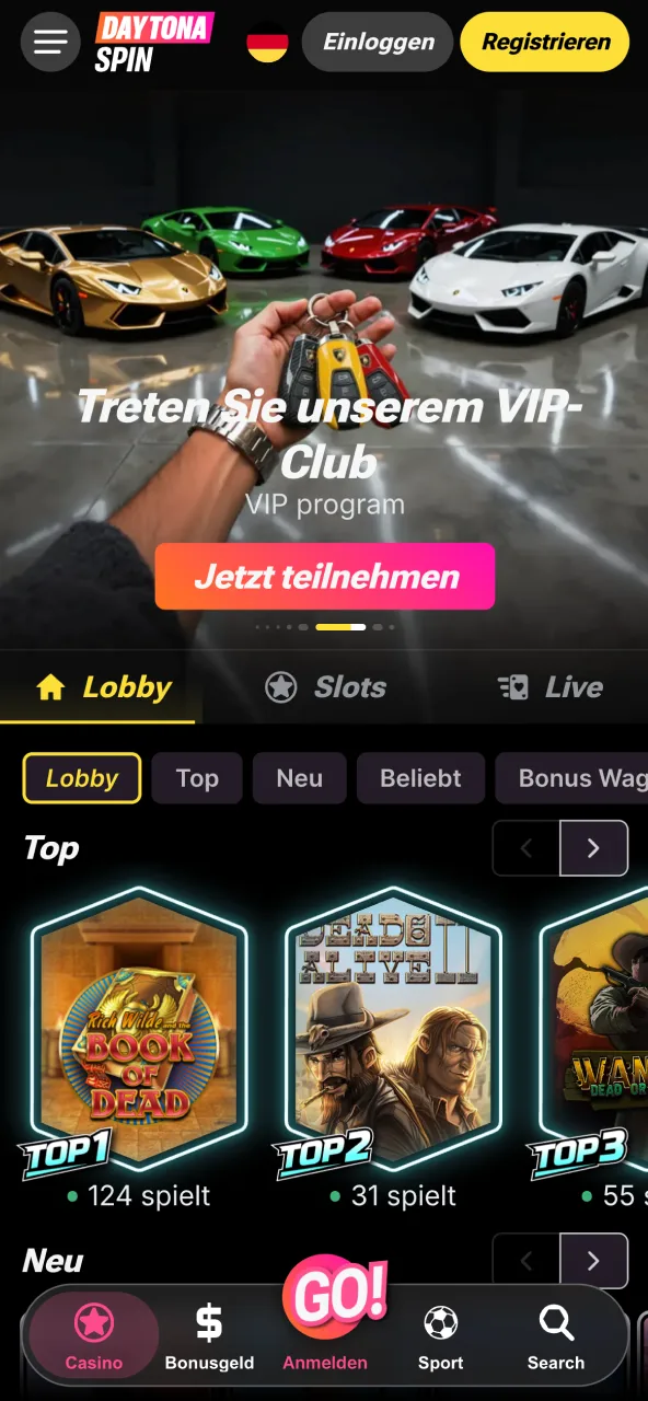 Offizielle Daytona Spin Seite rufst du über dein Android Gerät auf.