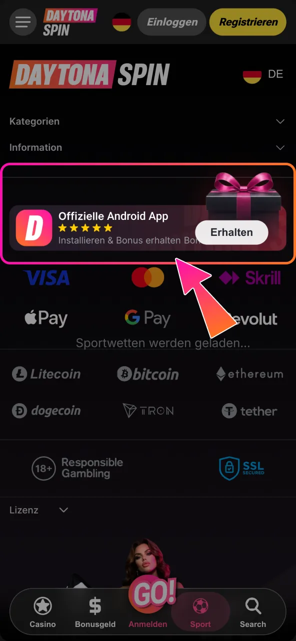 Daytona Spin Installation beginnt nach Tipp auf den offiziellen APK Button.