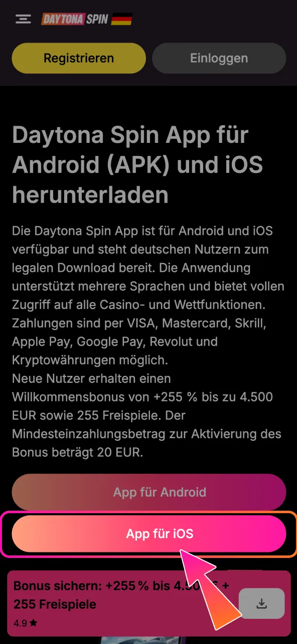 iOS Weiterleitung Daytona Spin öffnet nach Tipp den offiziellen Downloadbereich.