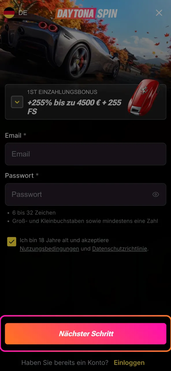 Registrierungsabschluss Daytona Spin gelingt nach Klick auf den erhaltenen Bestätigungslink.