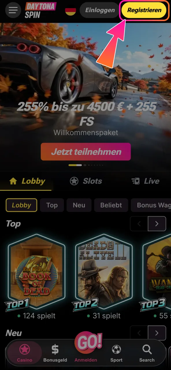 Registrieren bei Daytona Spin gelingt direkt nach Tipp auf den Startscreen Button.