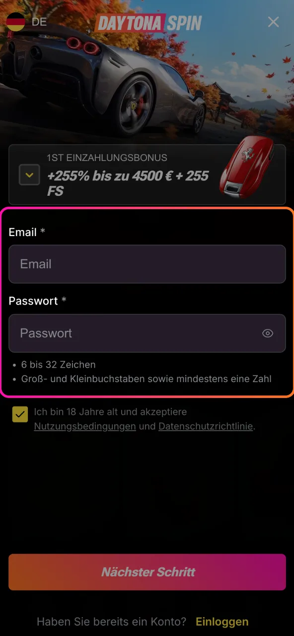 Daytona Spin Profilangaben trägst du mit Name, Geburtsdatum und EUR ein.