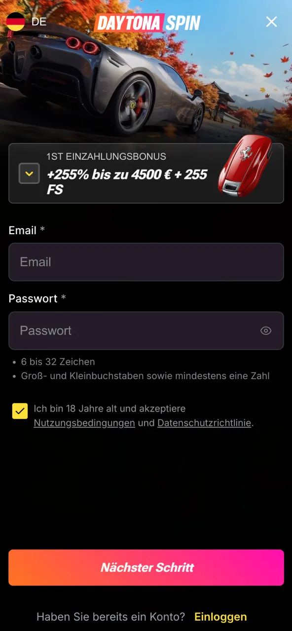 Zur Anmeldung bei Daytona Spin E-Mail und Identität bestätigen.