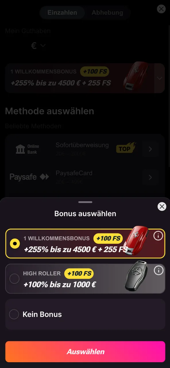 Bei Daytona Spin Zahlungsart auswählen und Aktionscode nutzen.