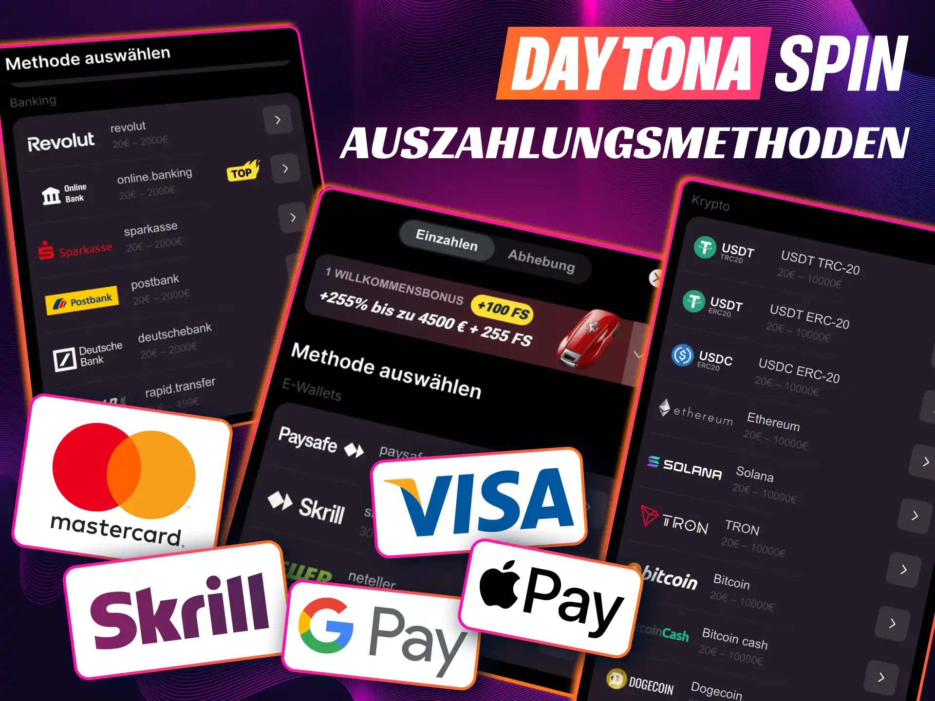 Daytona Spin ermöglicht in Deutschland einfache Transaktionen mit Karten, Wallets und Krypto.
