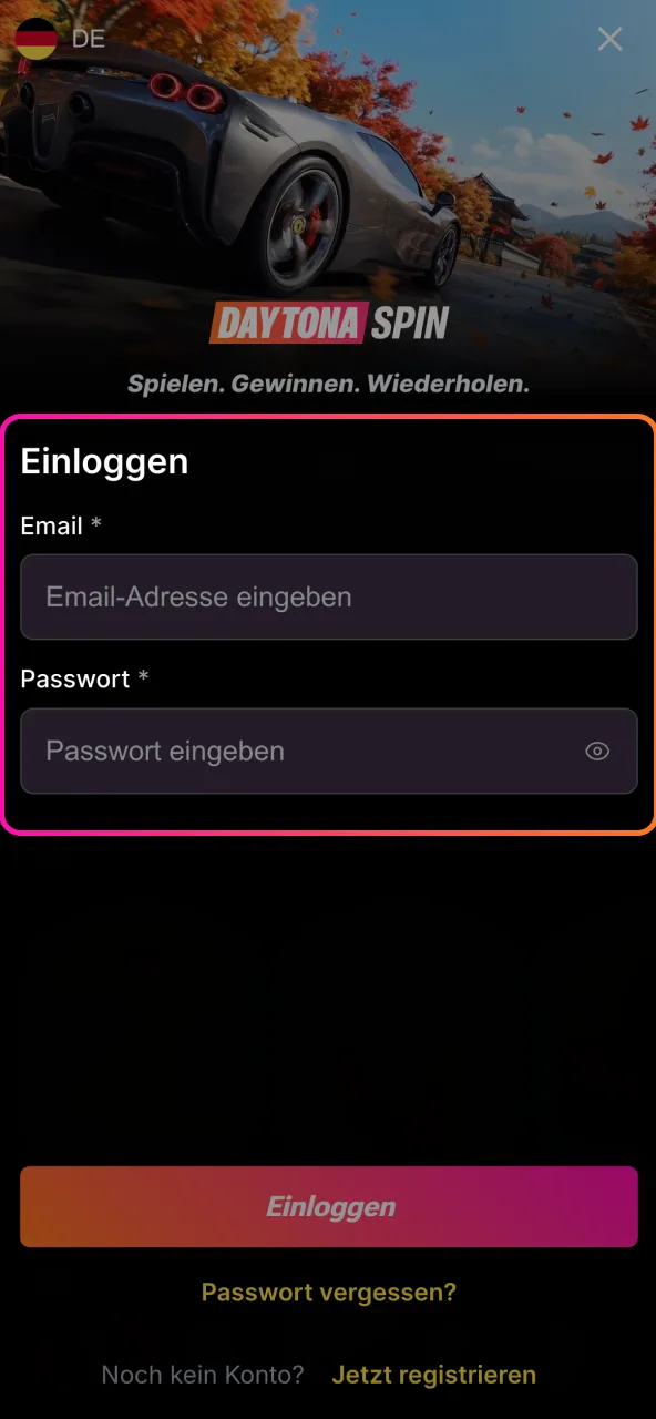 Für Daytona Spin meldest du dich mit Mail und Passwort an.