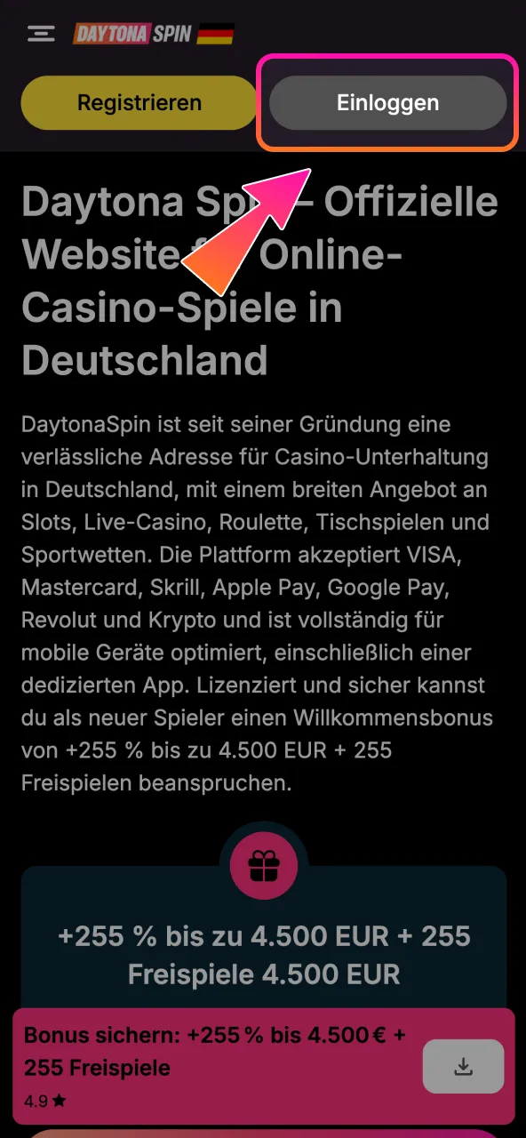 Mit dem Button öffnest du sofort die Daytona Spin Website.