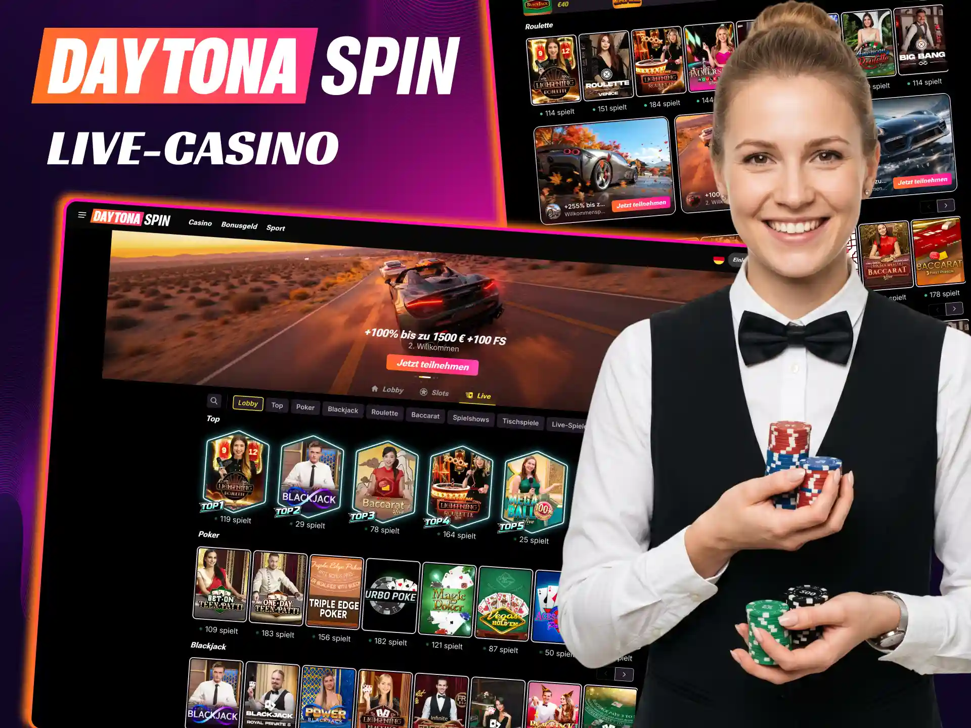 Das Live Casino von Daytona Spin überzeugt mit echten Croupiers und HD Streams.