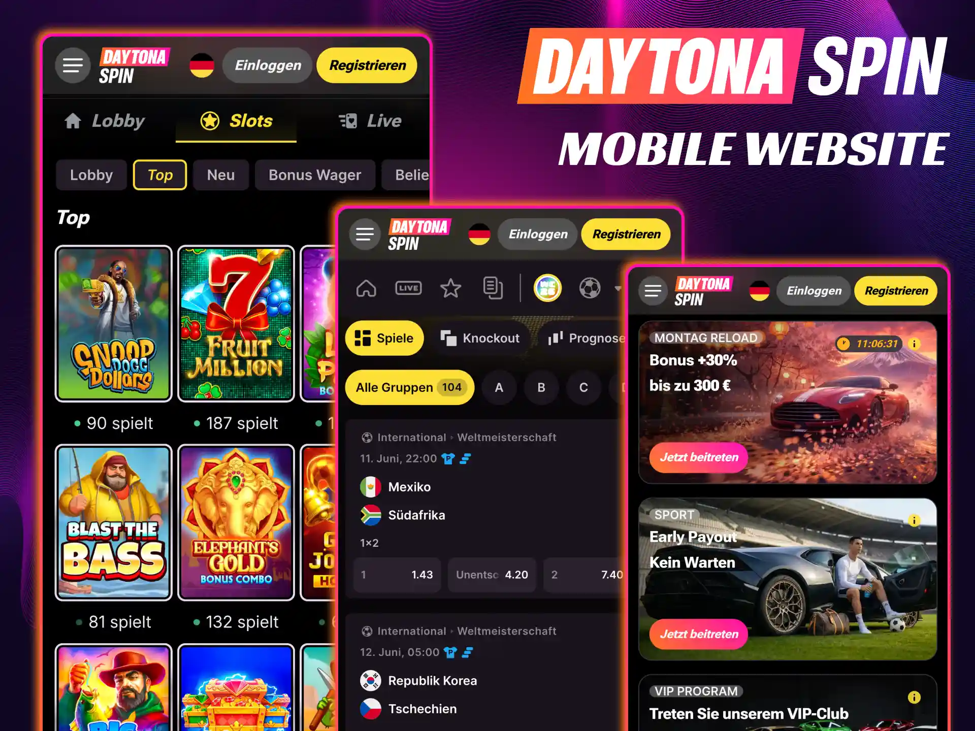 Daytona Spin bietet eine mobile Website für bequemes Spielen ohne Installation.