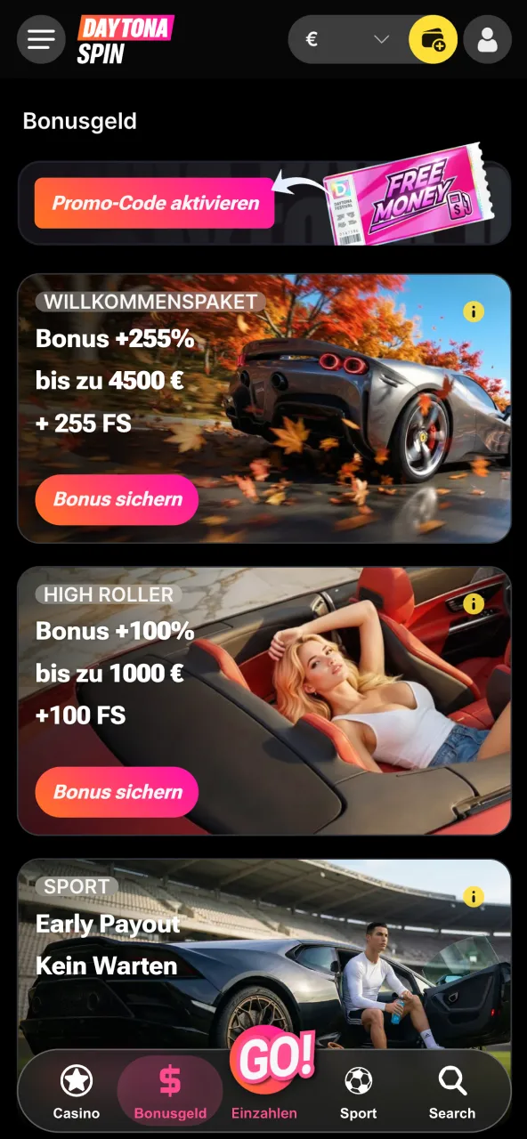 Bonus bei Daytona Spin vor dem Spielen im Konto aktivieren.