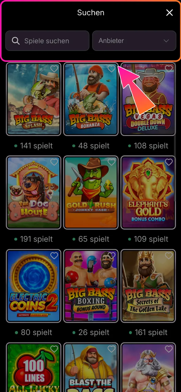 Daytona Spin ermöglicht schnelle Spielsuche über Filter und Suchfeld.