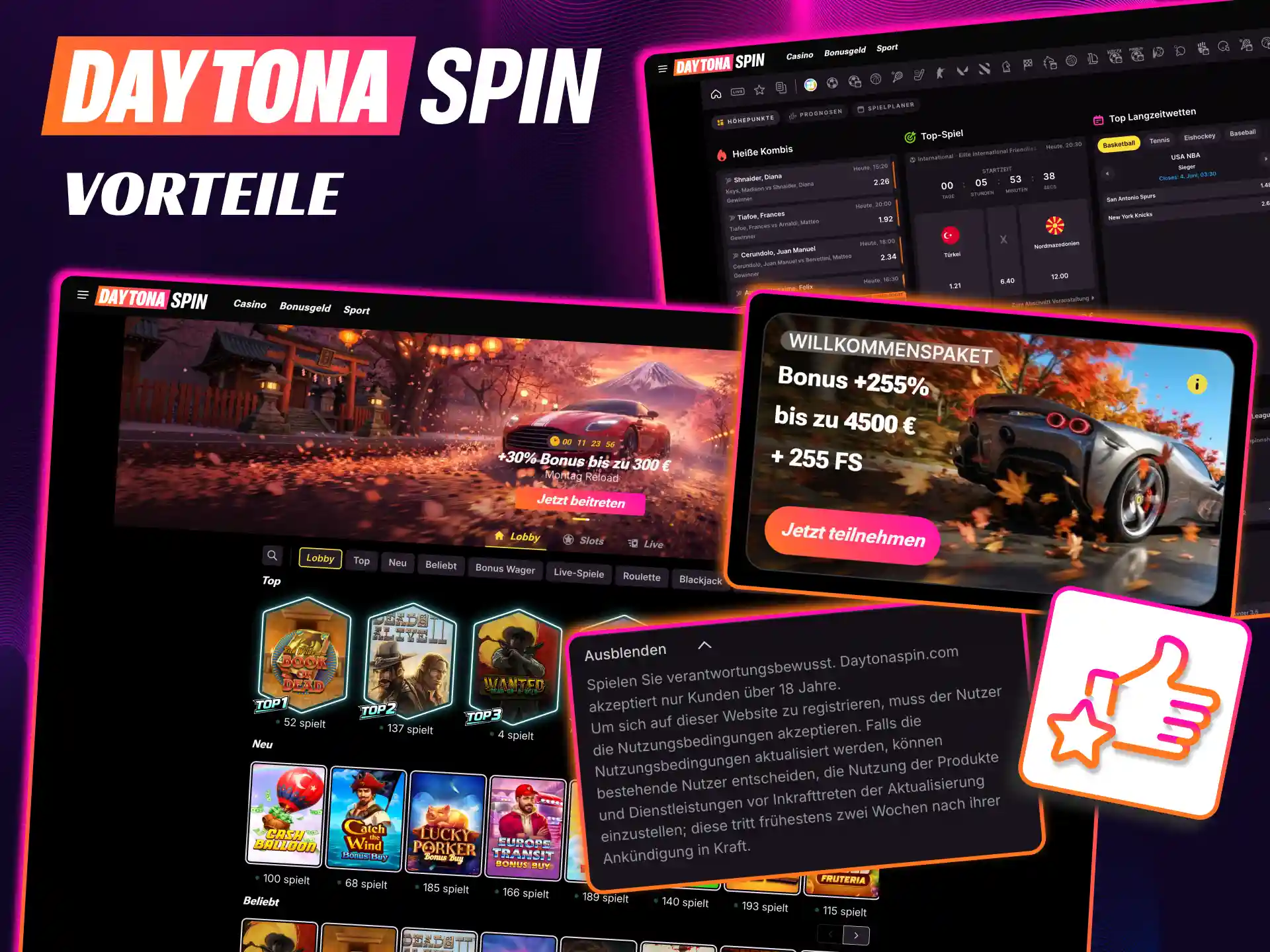 Daytona Spin bietet deutschen Spielern sichere Plattform, Bonus und deutsche Oberfläche.