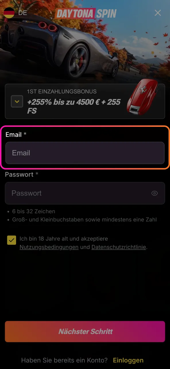 Bei Daytona Spin gibst du Name, E Mail und Adresse ein.