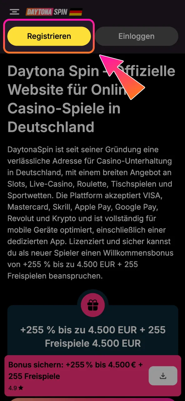 Über den Button gelangst du sofort zur Daytona Spin Registrierung.
