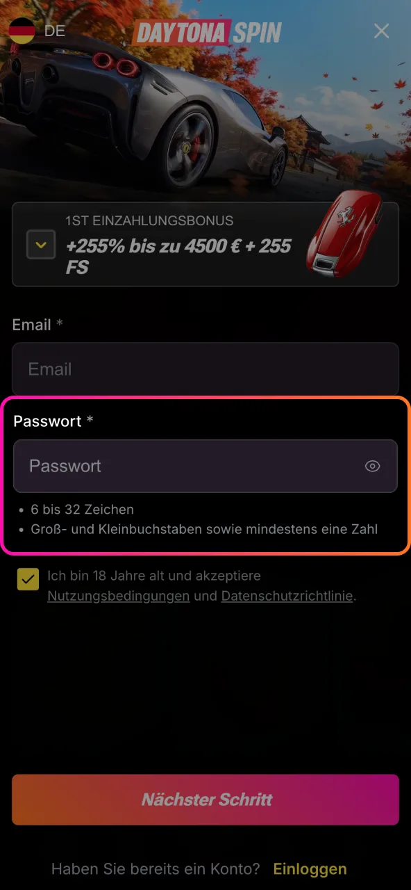 Für Daytona Spin legst du ein Passwort fest und bestätigst die Bedingungen.