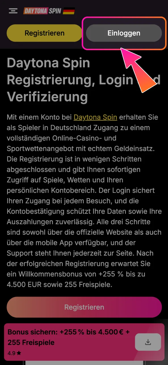 Daytona Spin öffnet sich nach Klick auf den Button dieser Seite.