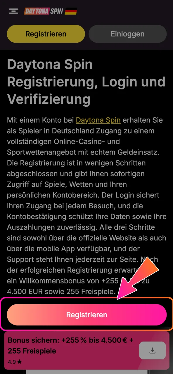 Der Button führt Sie direkt auf die offizielle Daytona Spin Plattform.