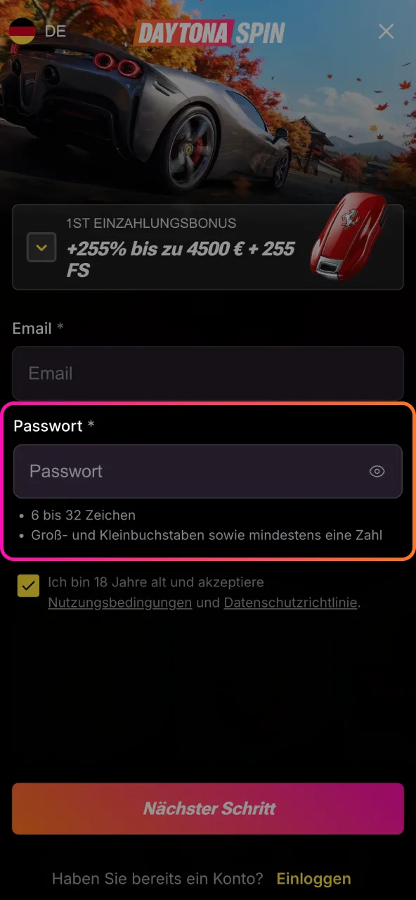 Bei Daytona Spin ein sicheres Passwort erstellen und E-Mail bestätigen.