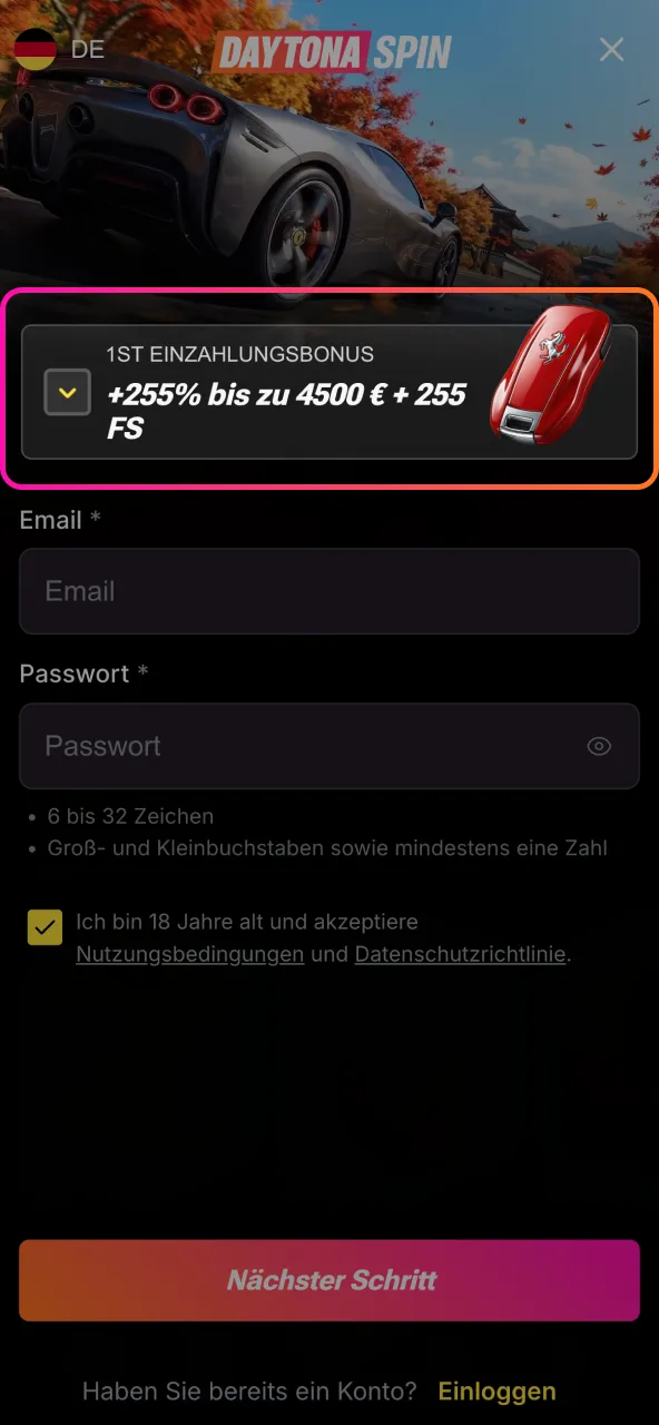 Für Daytona Spin passende Registrierungsoption auswählen, auch über soziale Netzwerke.