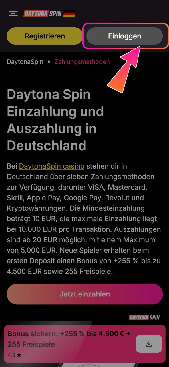 Daytona Spin Kontozugang nutzen, bevor eine Auszahlung beantragt wird.
